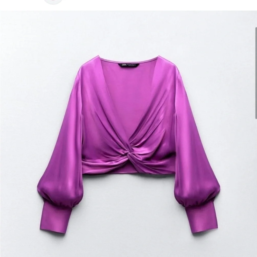 Zara Satin Purple Fuschia Longsleeve Twist Front Knotted Crop Top - Picture 2 of 14